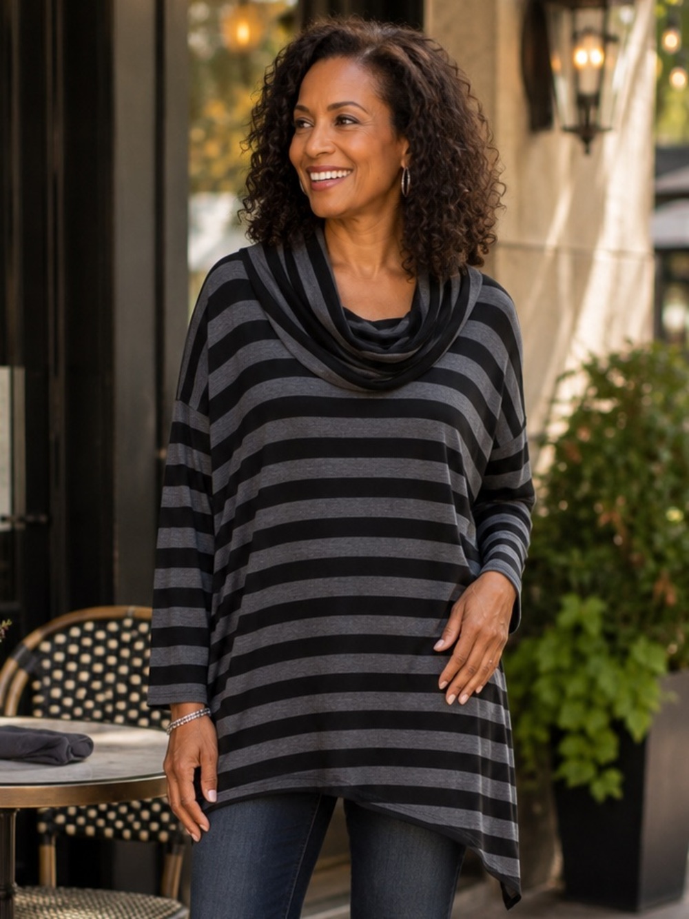 SUNDAY Top Striped Asymmetrical Cowl Neck Long Sleeve Relaxed Fit Tunic Plus 1X